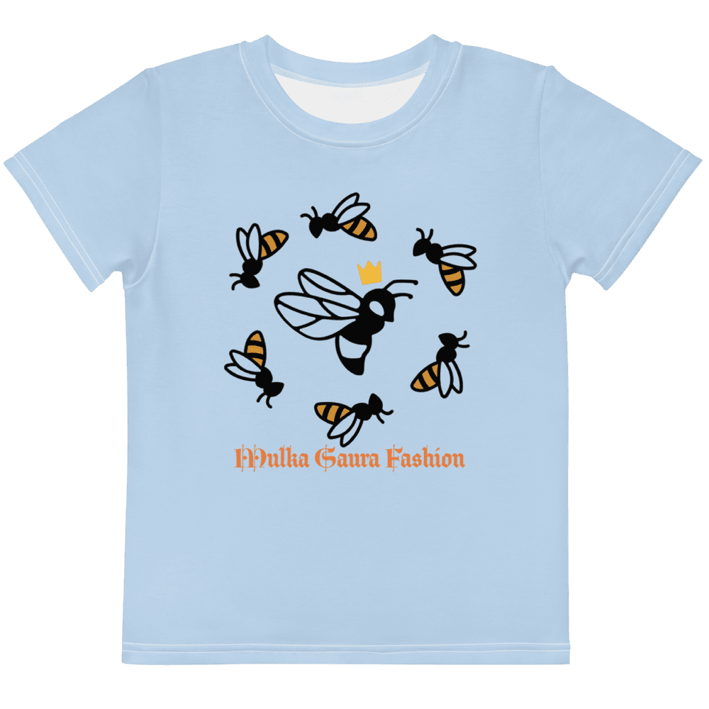 Light blue shirt with bee design.