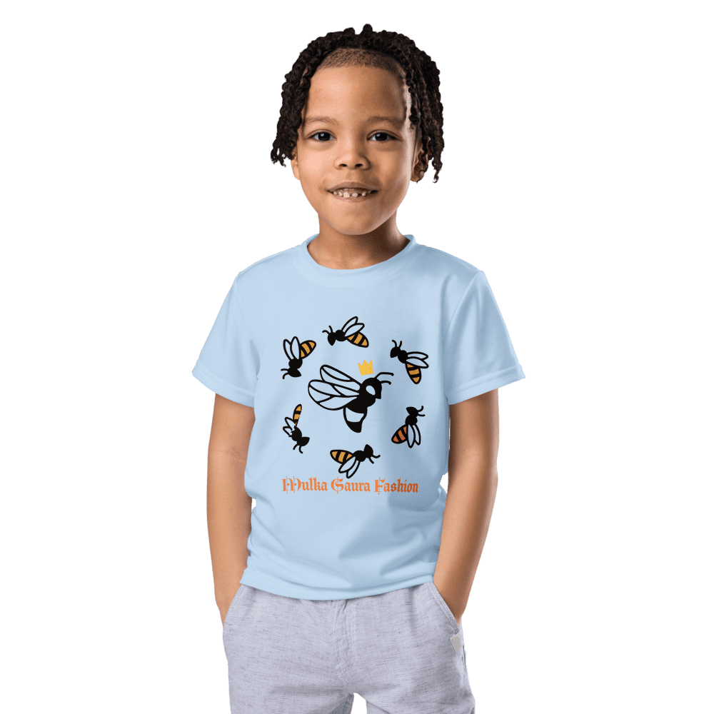 Young person wearing a bee-themed T-shirt.