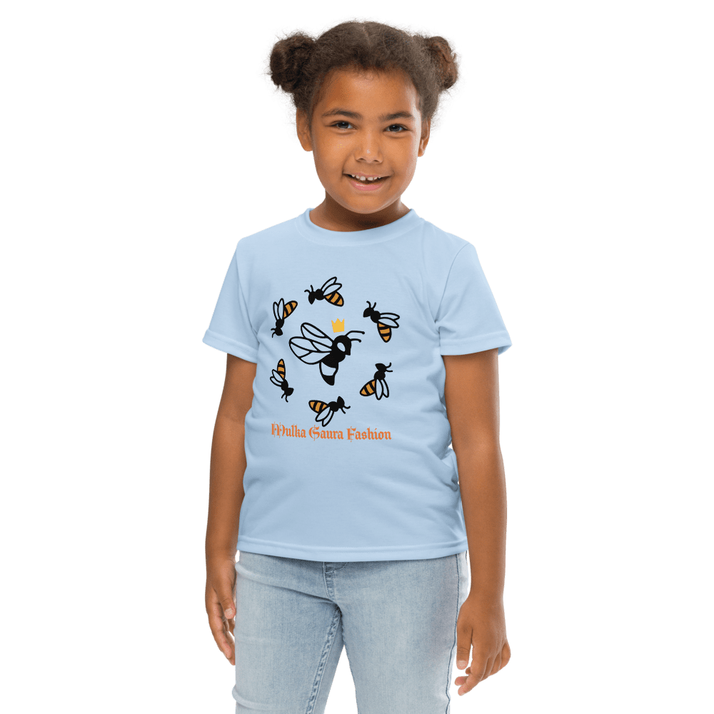 Child wearing a bee-themed light blue shirt.