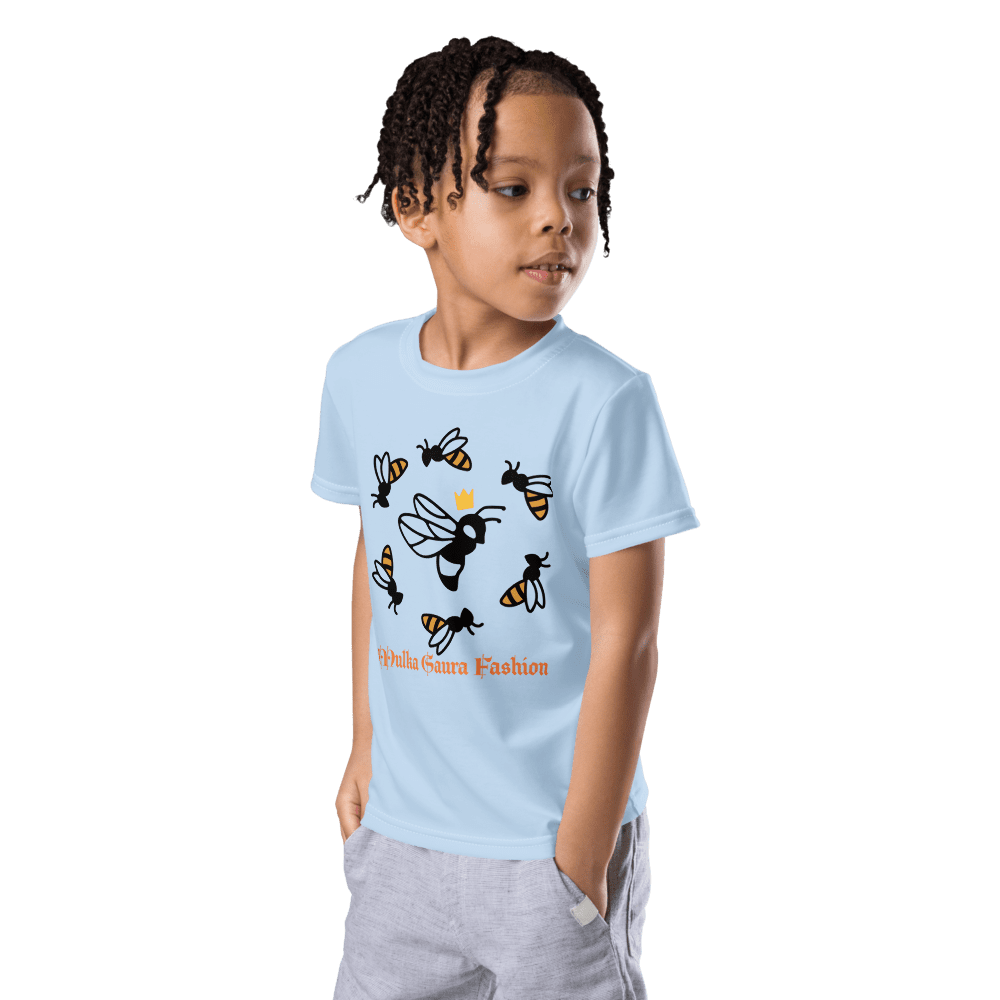 Child wearing bee graphic t-shirt, hands in pockets