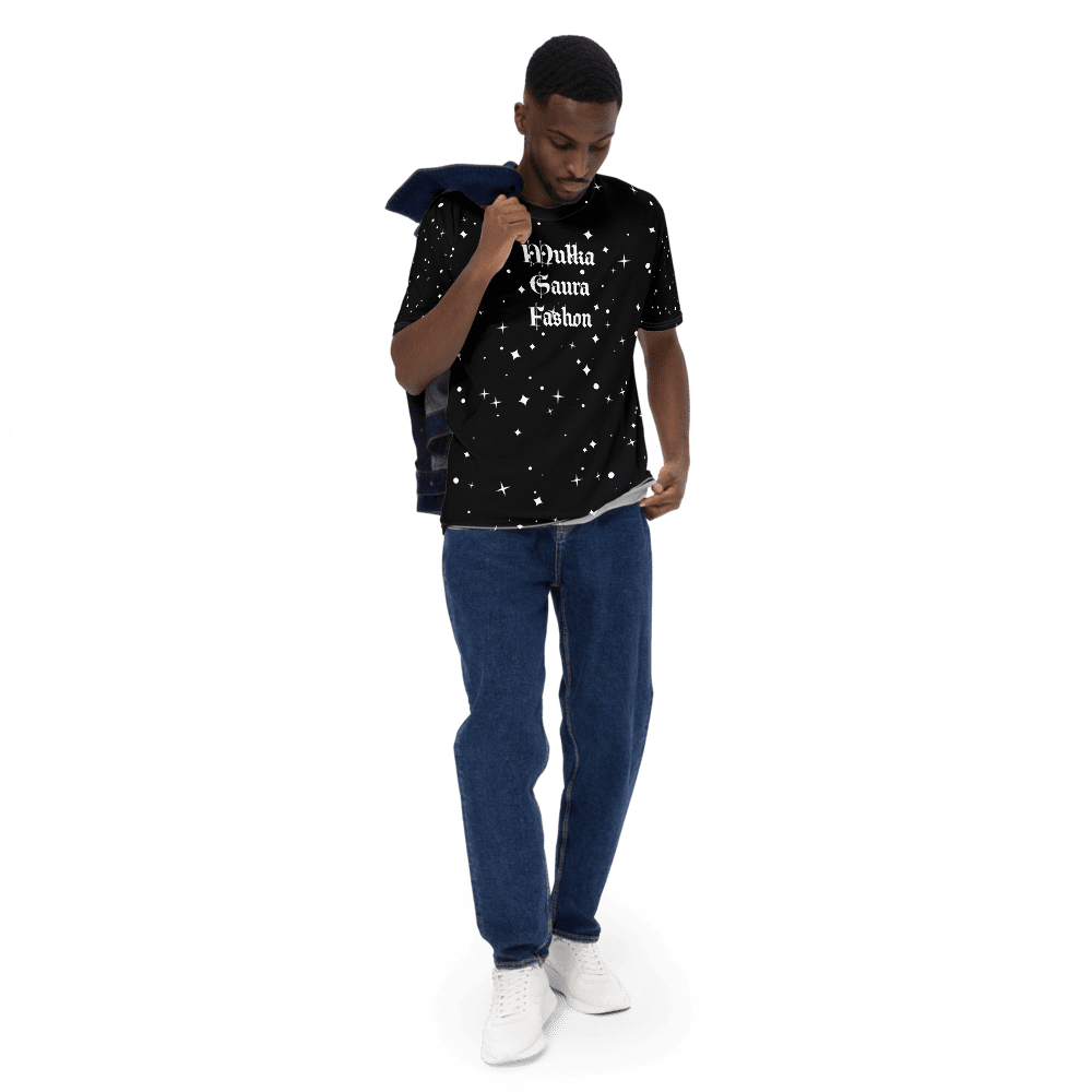 Man wearing starry shirt and jeans.