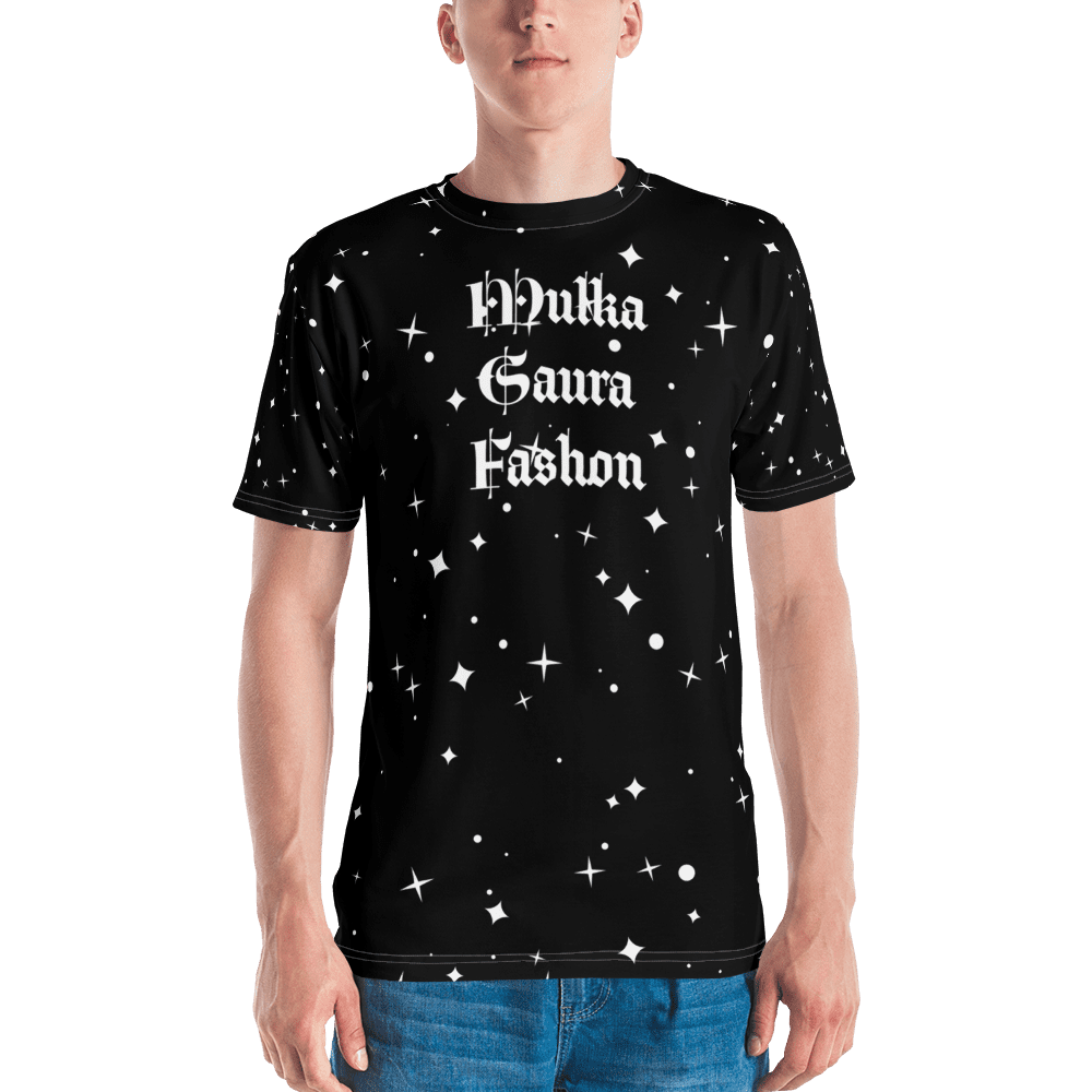 Man wearing starry black graphic t-shirt.