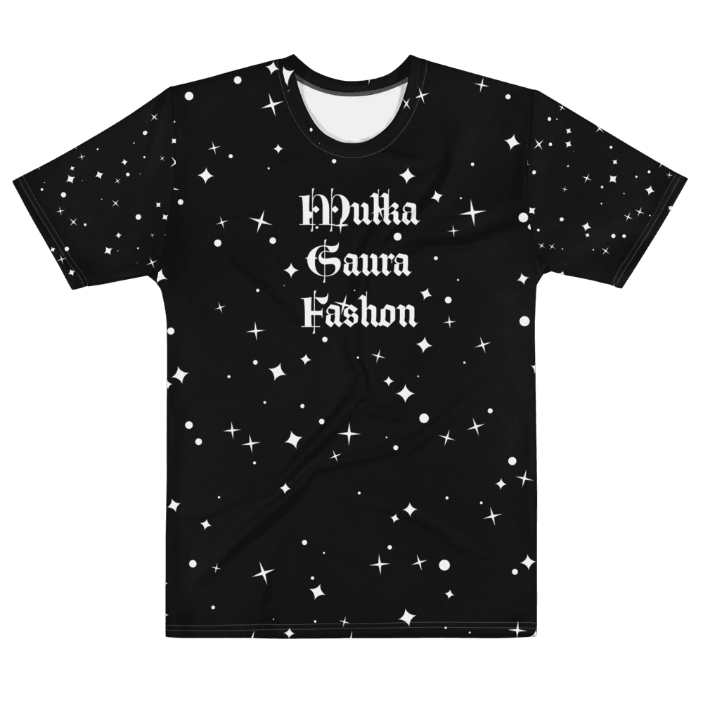 Black t-shirt with white stars and text.