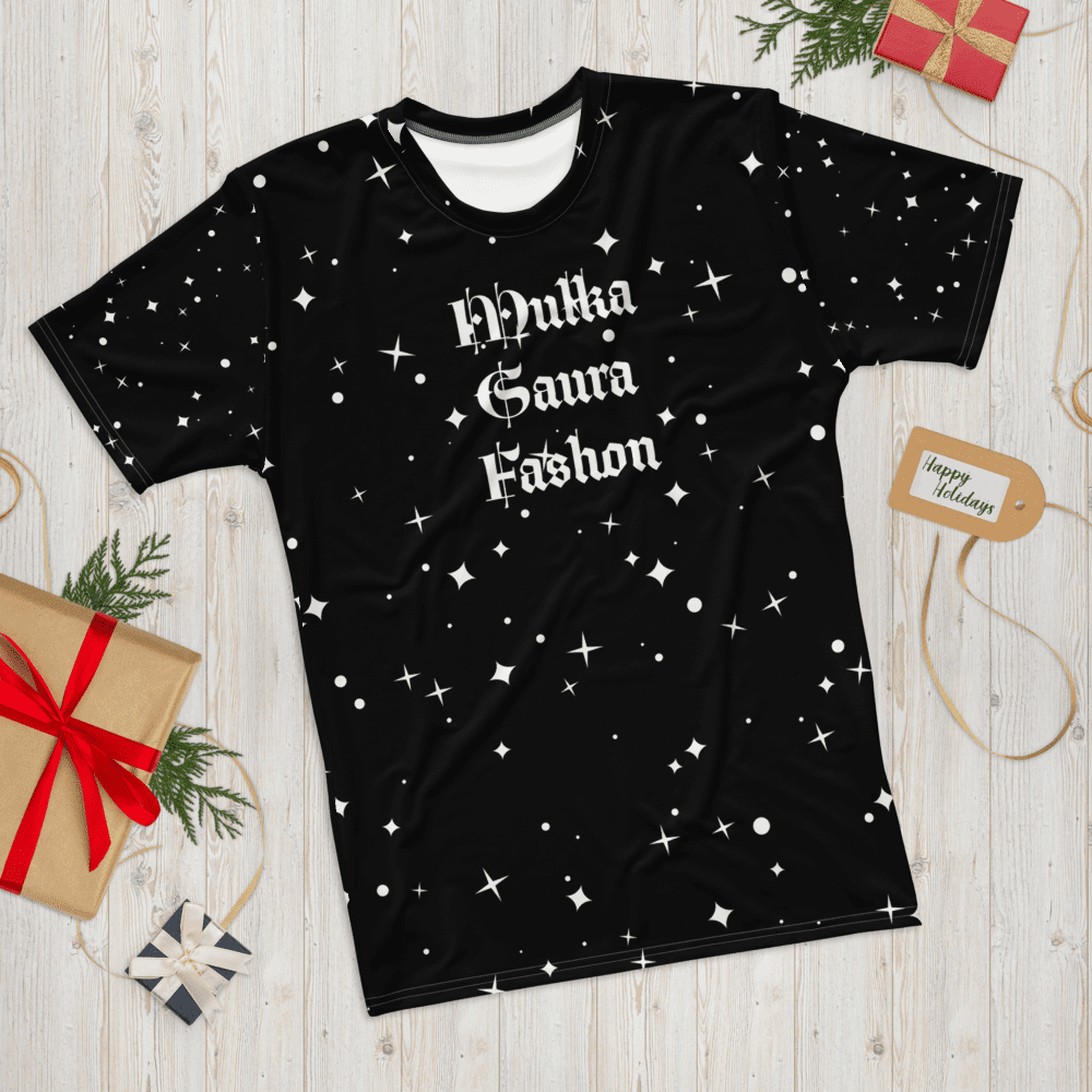 Black t-shirt with starry pattern design.