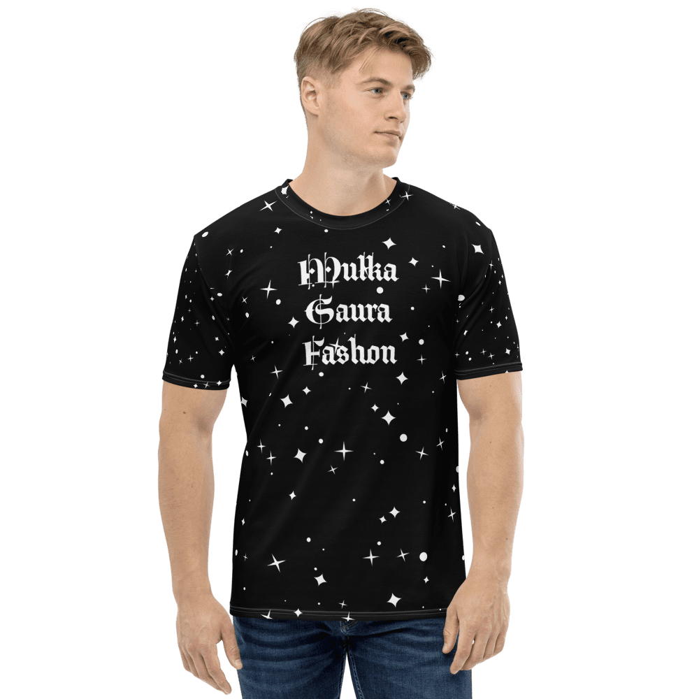 Man wearing starry black shirt design.