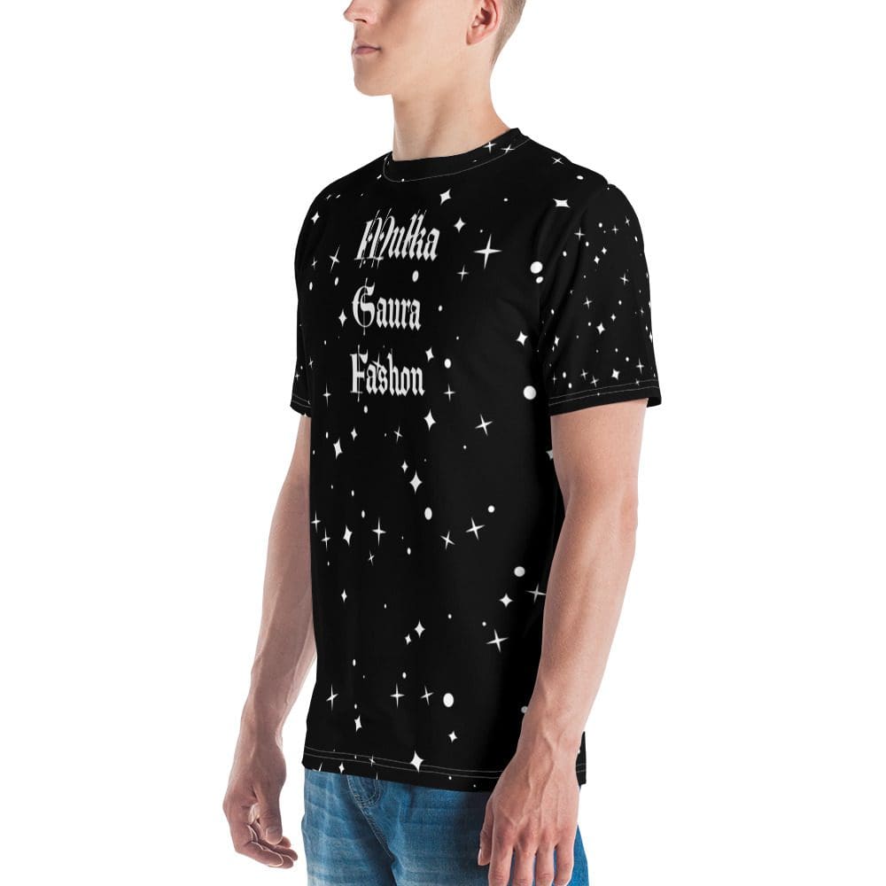 Man wearing black starry t-shirt with gothic text
