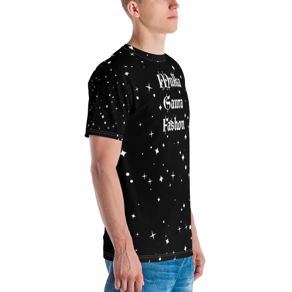 Man wearing star-patterned black t-shirt.