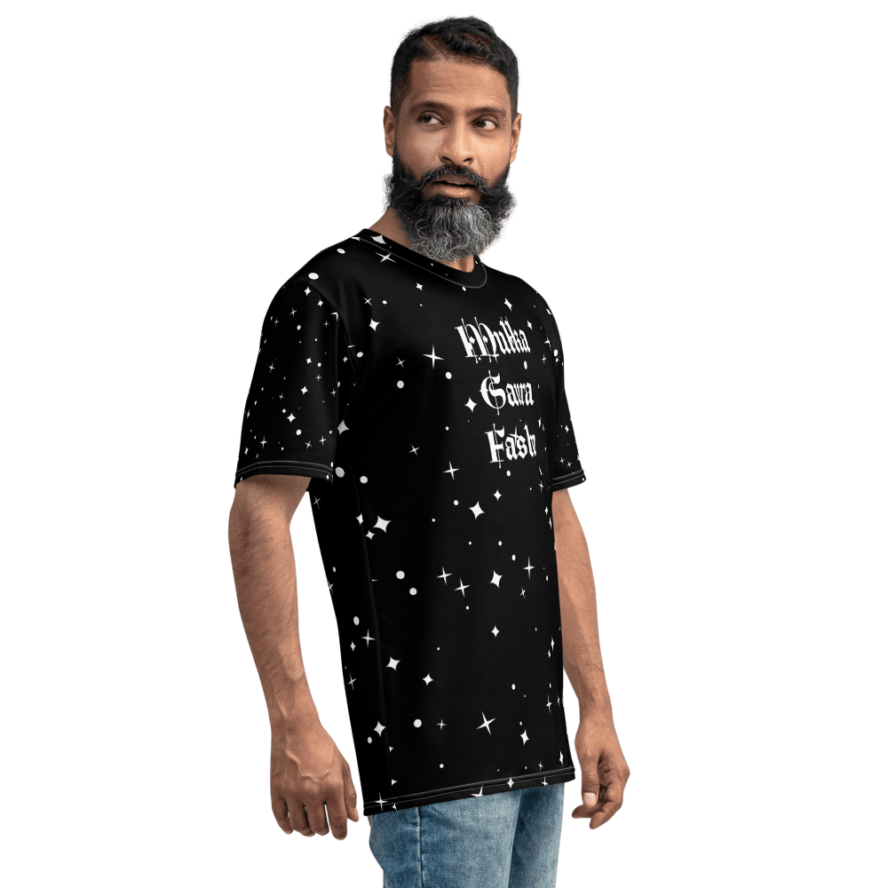 Man wearing starry shirt, black background.