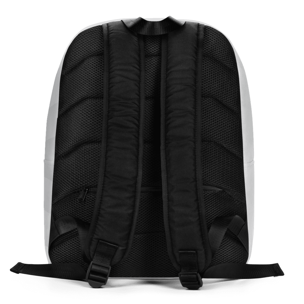 Back view of a black and white backpack.