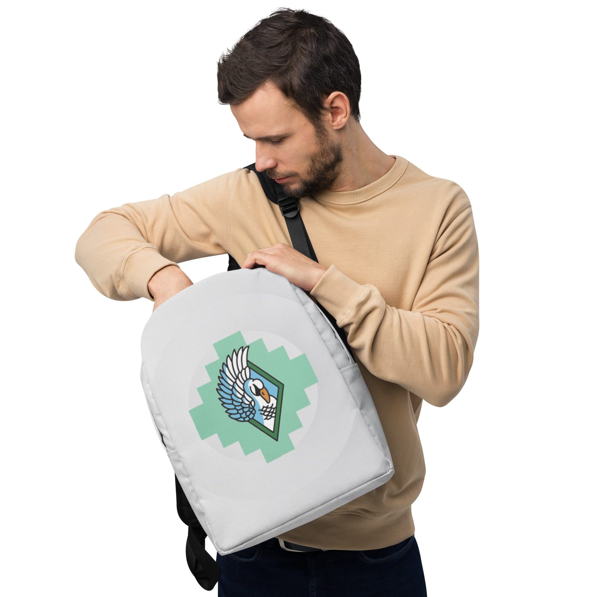 Man with backpack featuring winged design.