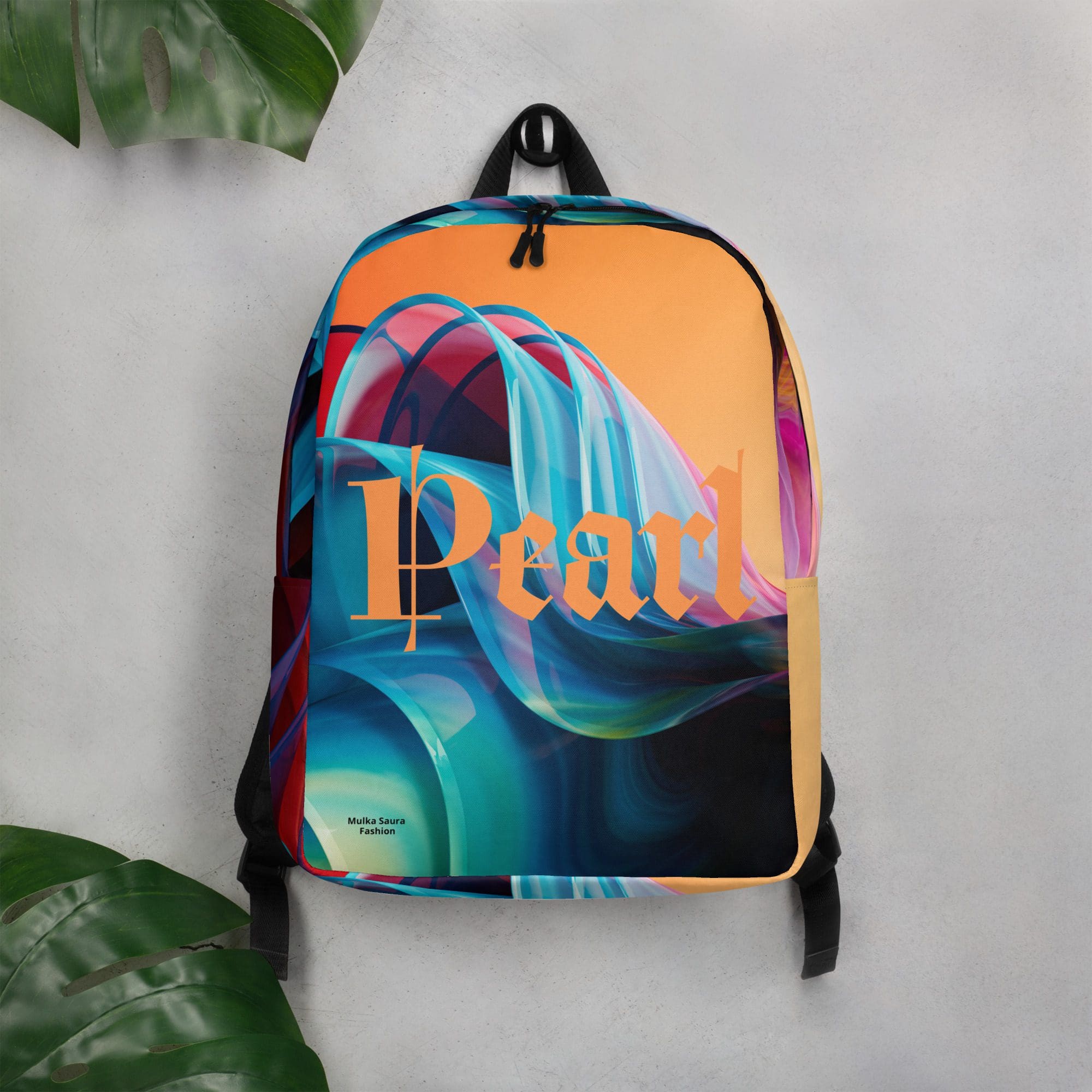 Colorful backpack with abstract design and text.