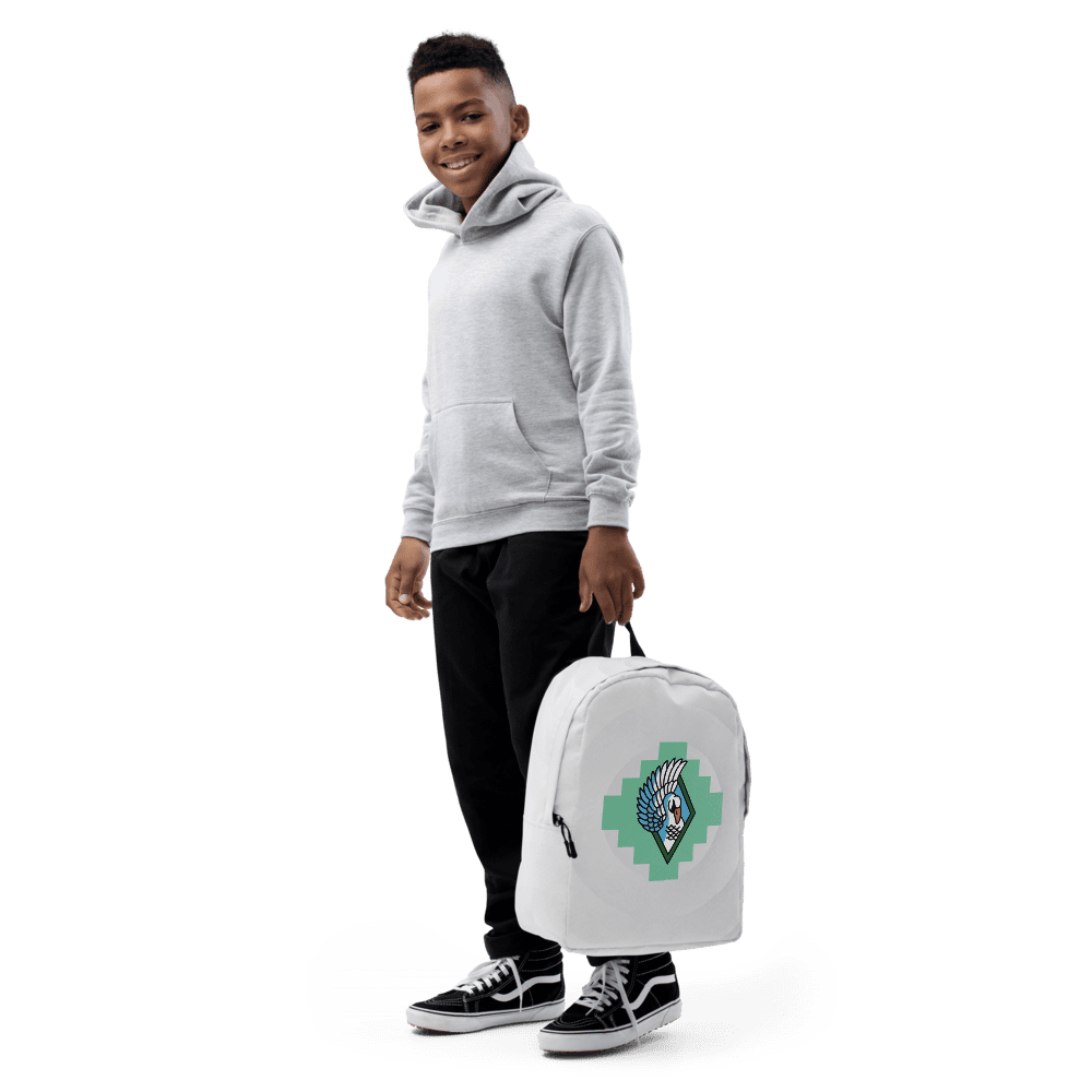 Boy in hoodie with white backpack.