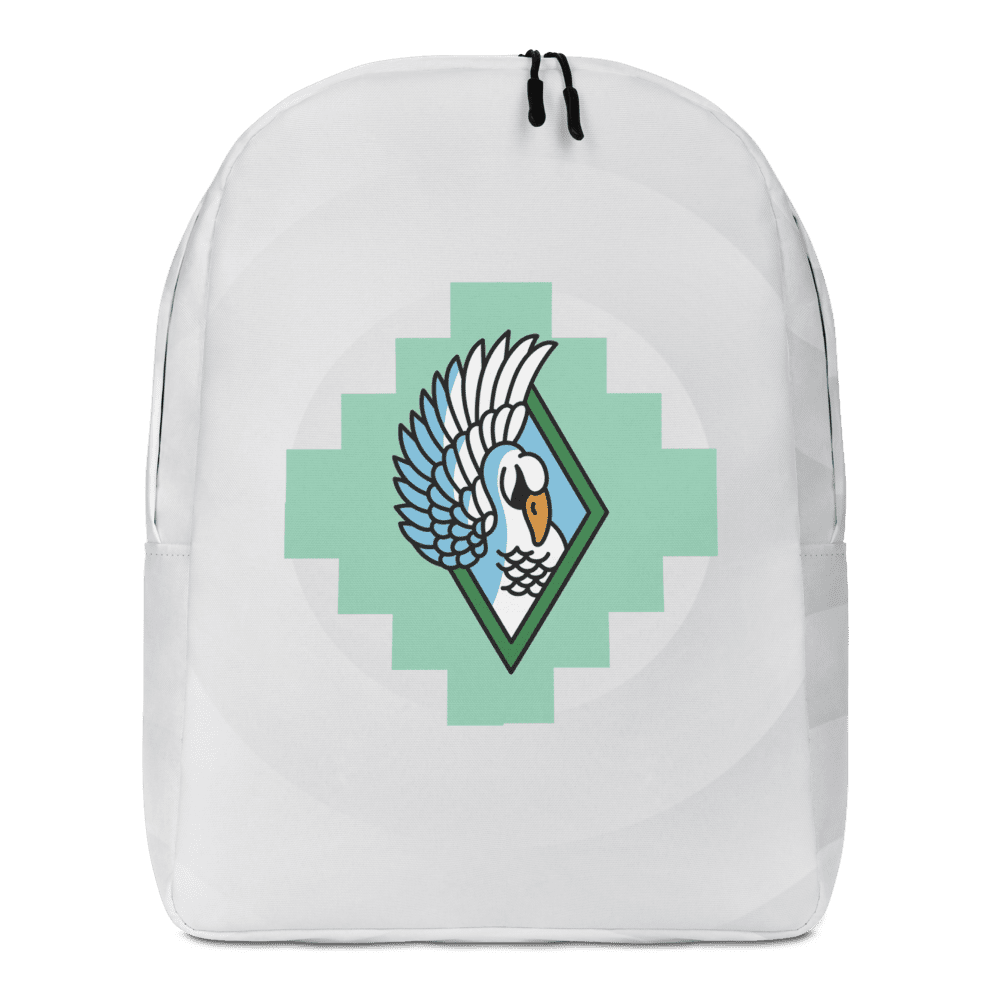 Cartoon bird logo on white backpack.