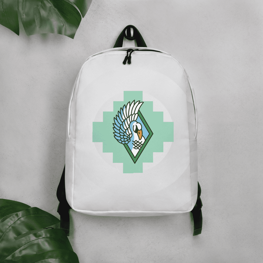White backpack with abstract bird design.