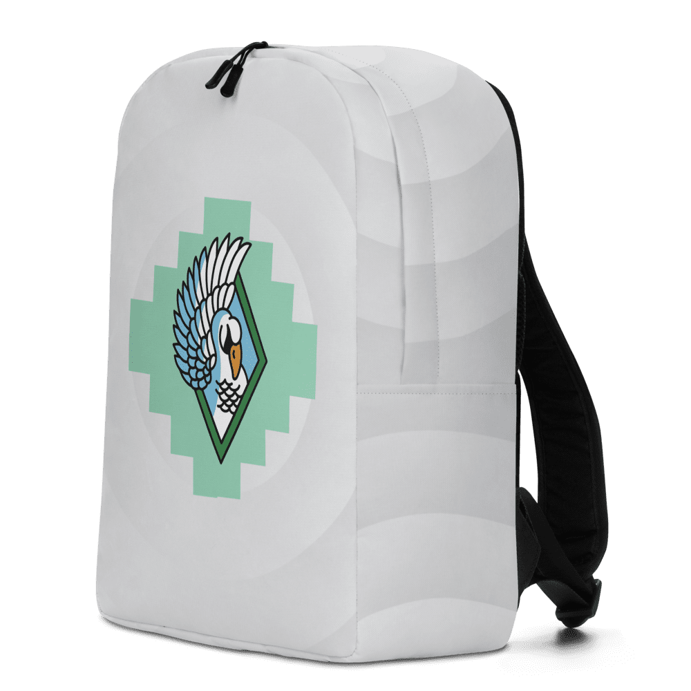White backpack with cartoon bird logo.