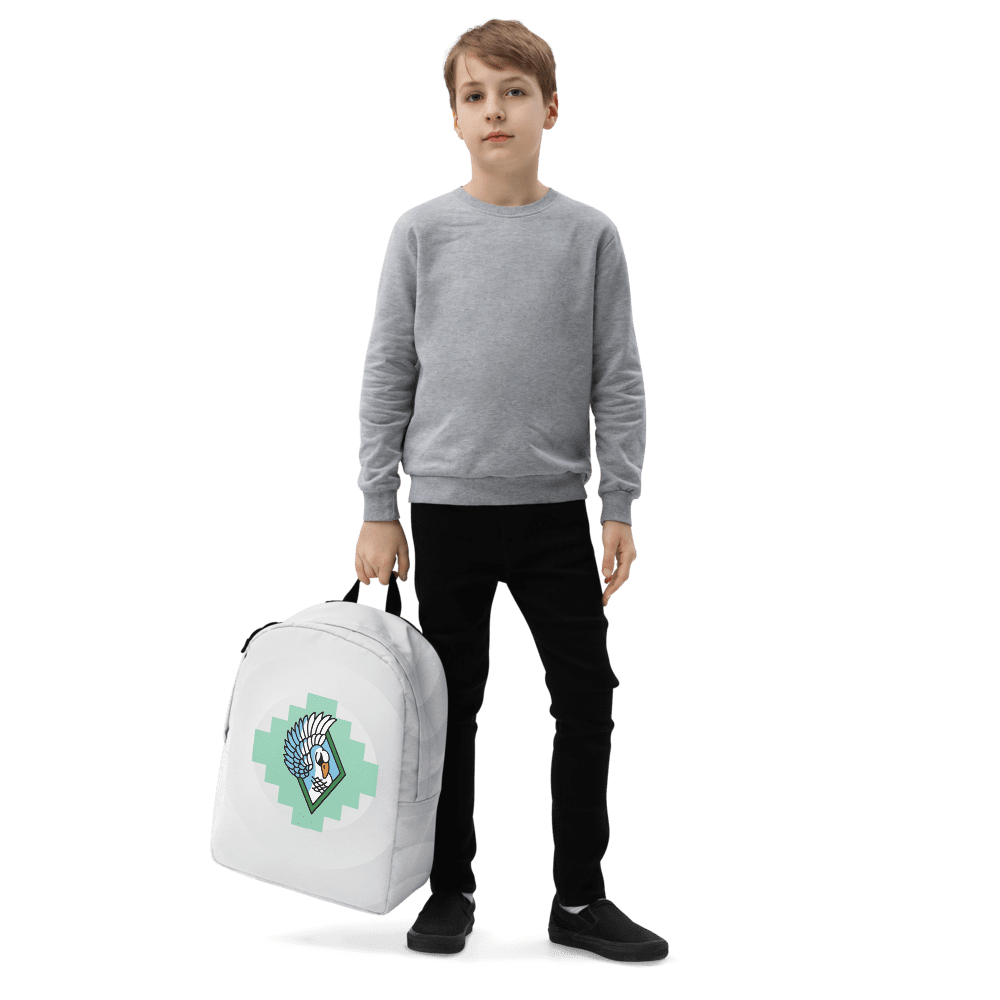 Boy with gray sweater and white backpack.