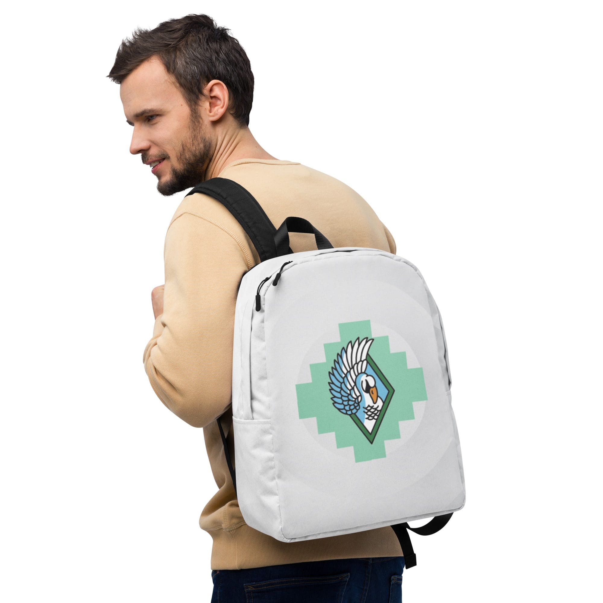 Man wearing a white backpack.