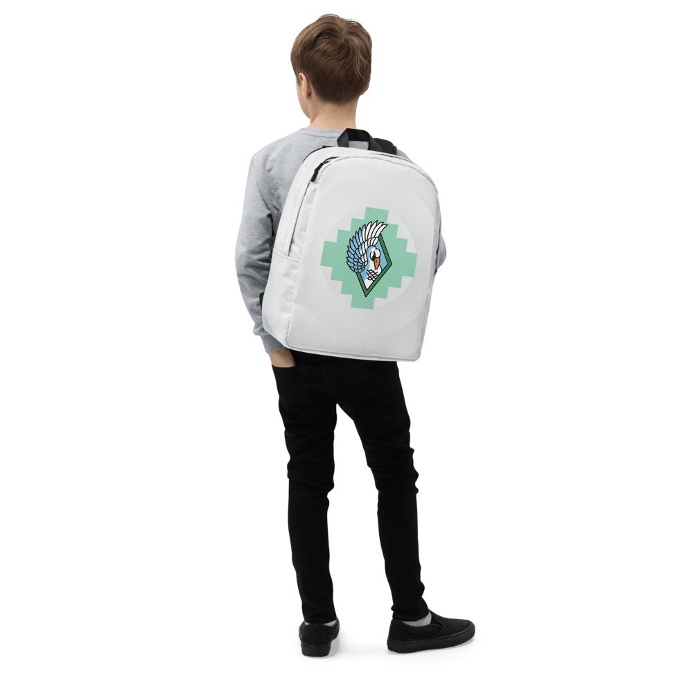 Person wearing backpack with geometric design.