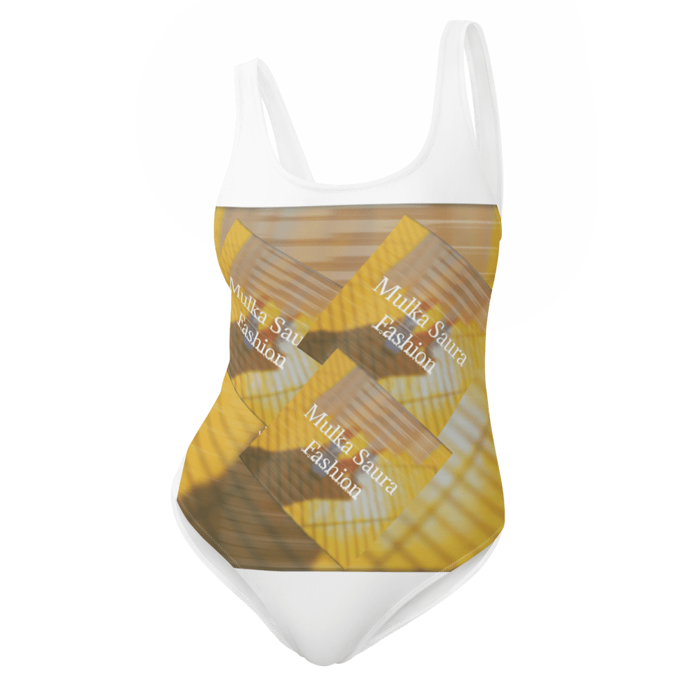 White swimsuit with abstract yellow design.