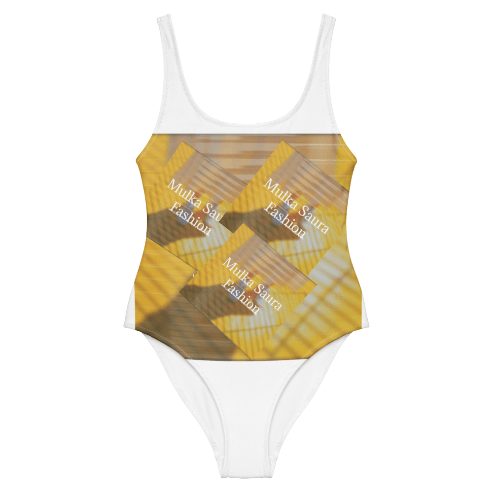 Yellow and white patterned swimsuit design.
