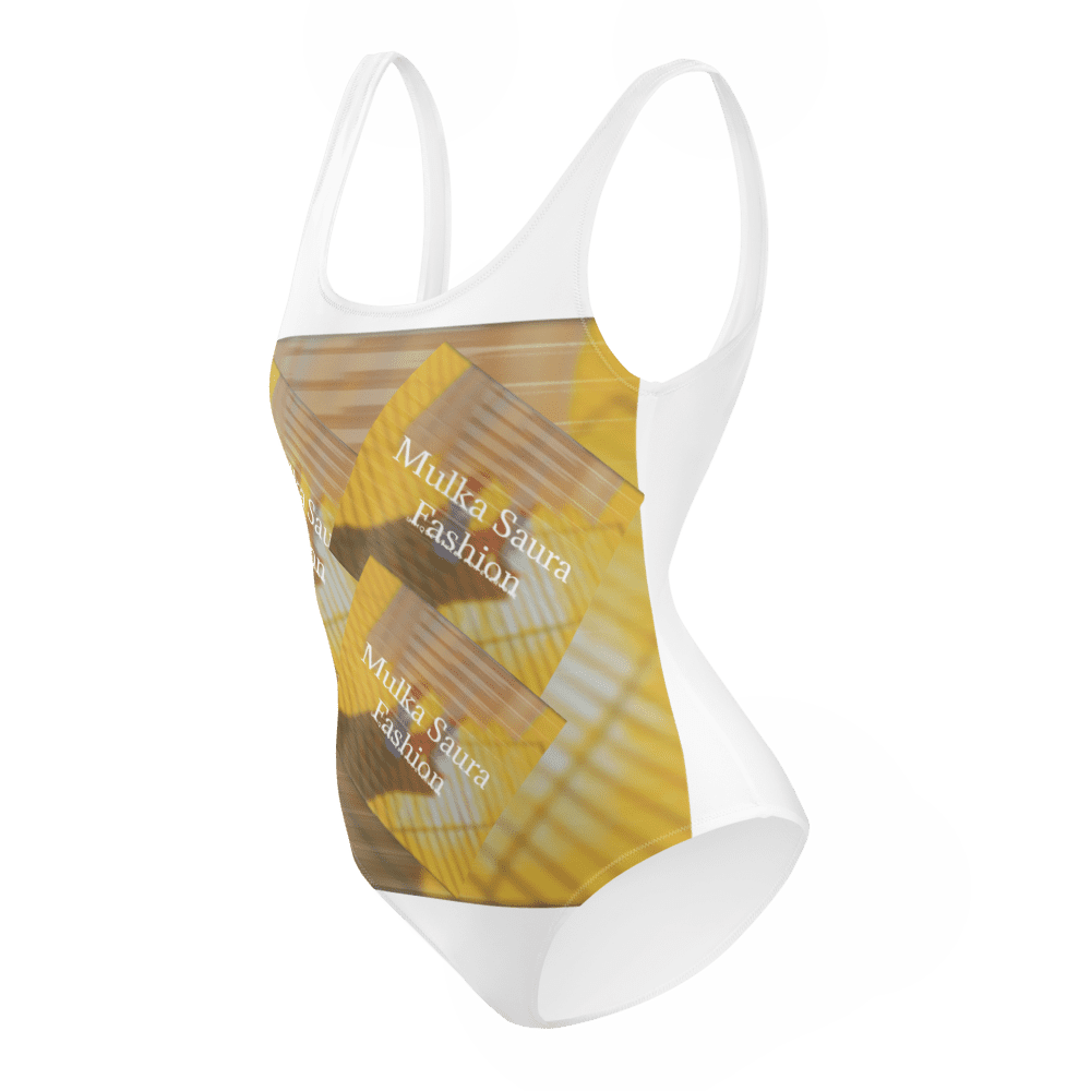 White swimsuit with geometric yellow pattern.