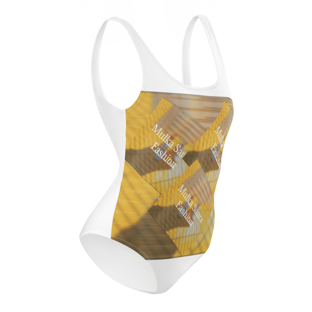 White and gold one-piece swimsuit design.