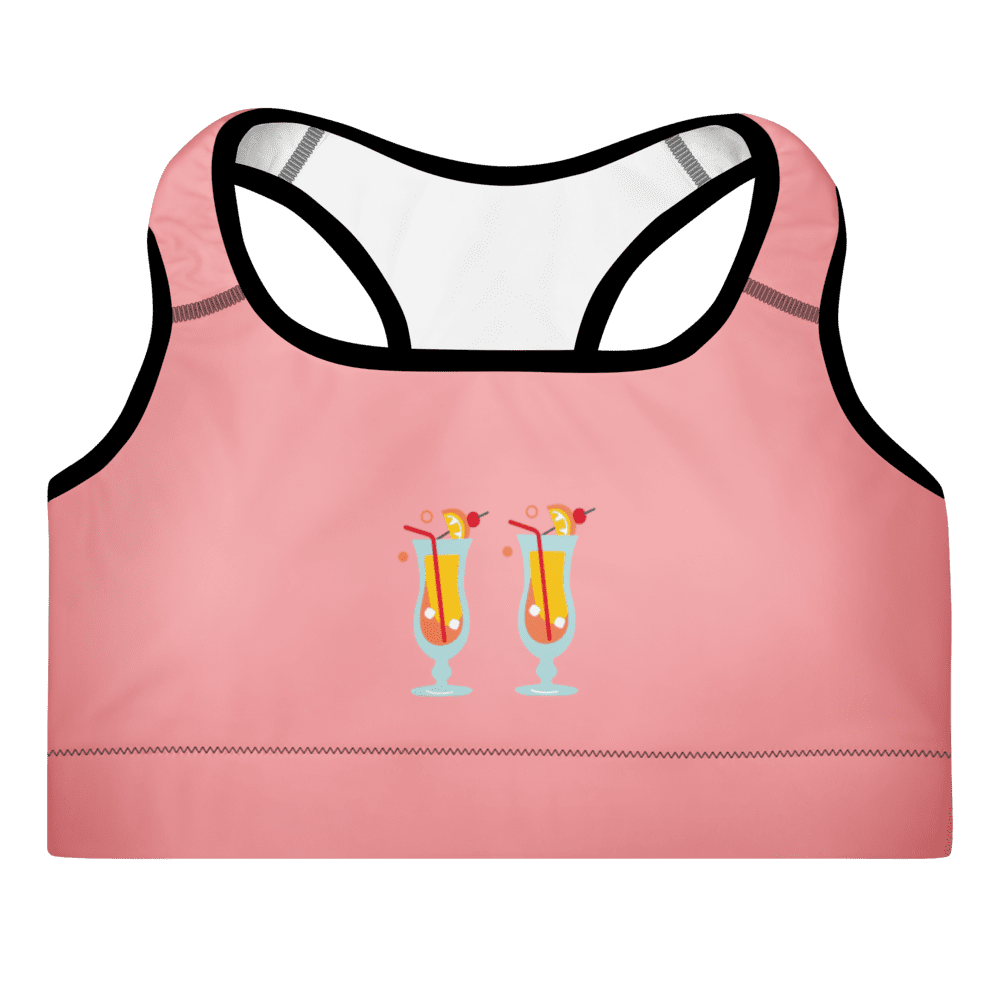 Pink sports bra with tropical drink design.