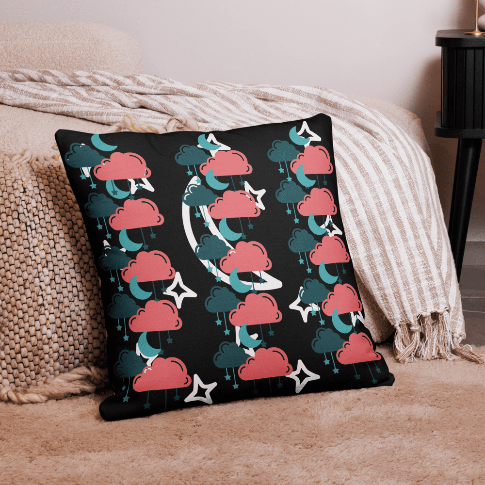 Decorative pillow with colorful cloud patterns.