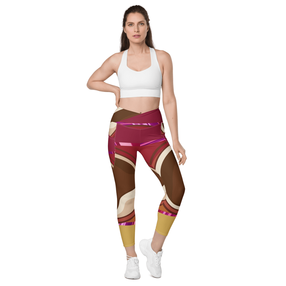 Woman in colorful leggings and white top.