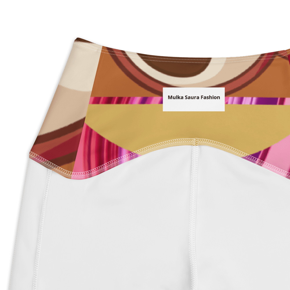 Colorful waistband on white leggings.