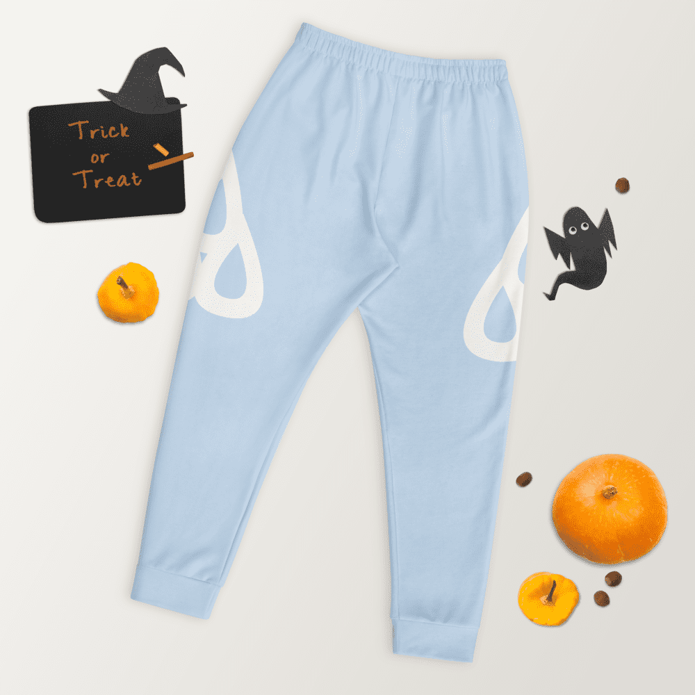Light blue sweatpants with Halloween decorations.