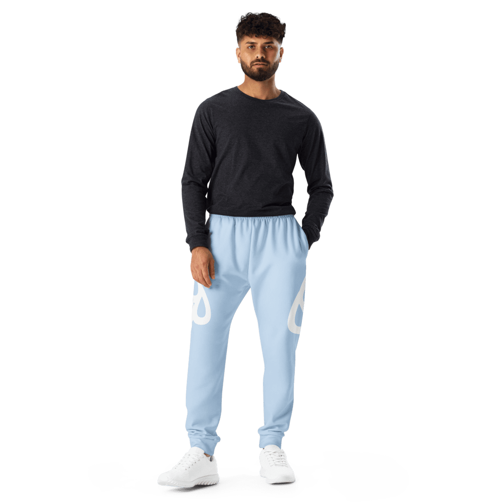 Man in black shirt and blue sweatpants.