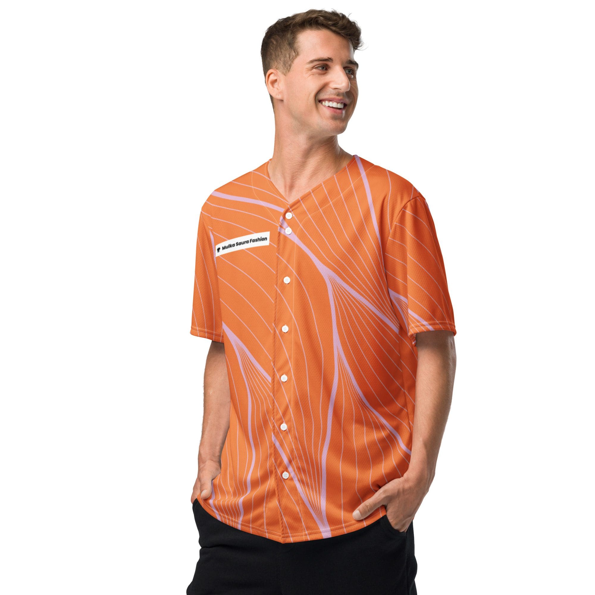 Man wearing orange patterned button-up shirt.