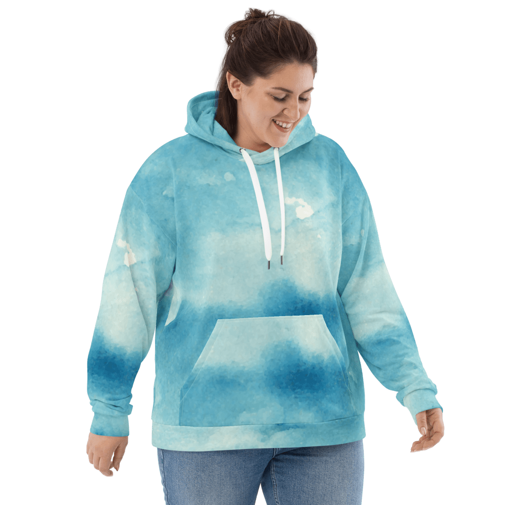 Woman wearing blue cloud pattern hoodie.
