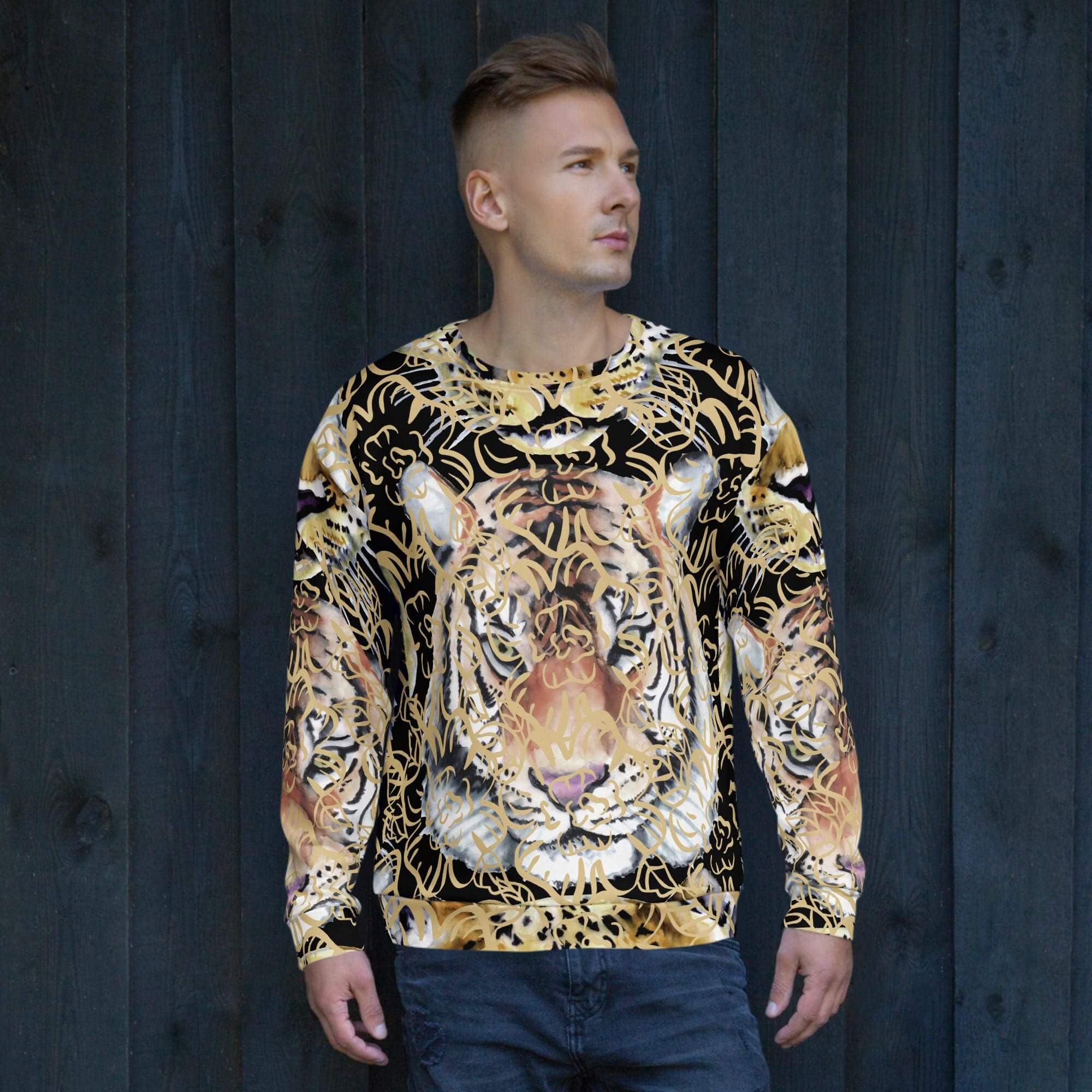 Man wearing tiger-print sweater, standing outdoors.