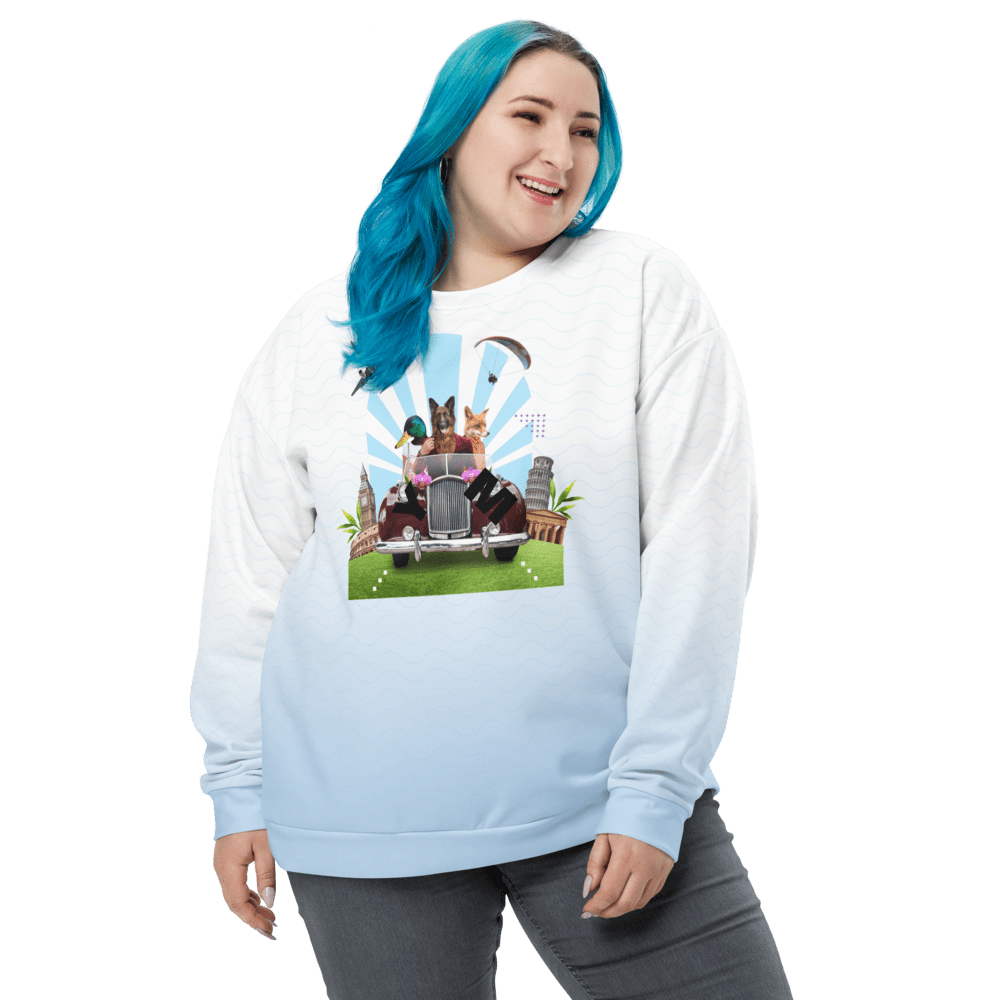 Smiling person wearing a graphic sweatshirt.