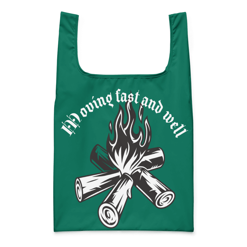 Green bag with campfire and text design.