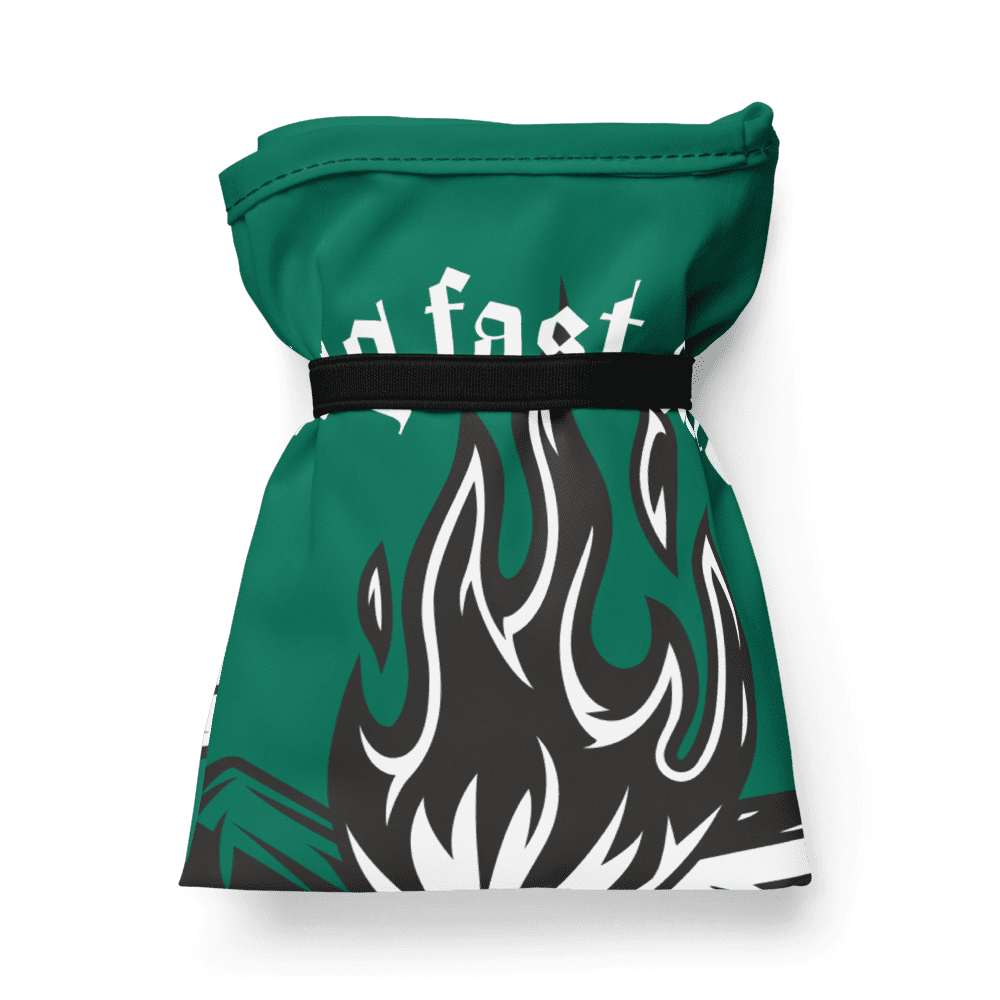 Green bag with black and white flames.