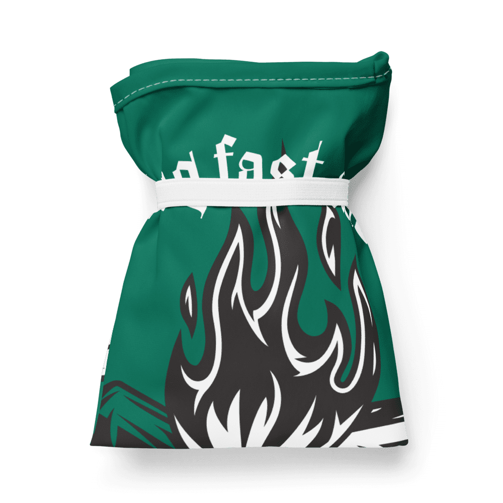 Green bag with white flame design.