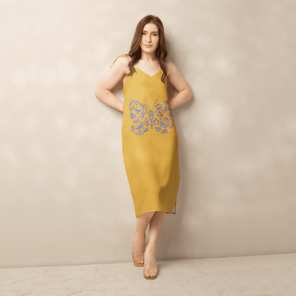 Woman in yellow floral slip dress