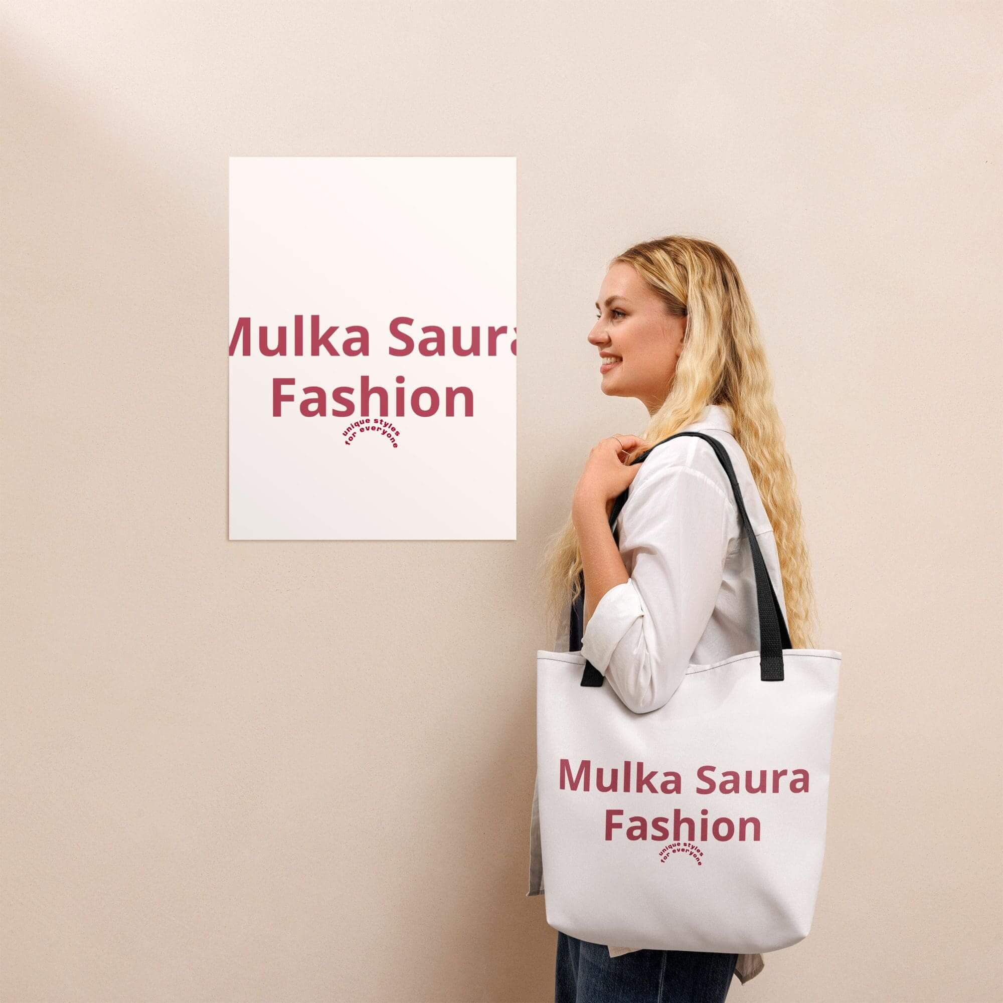 Woman with Mulka Saura Fashion tote bag.