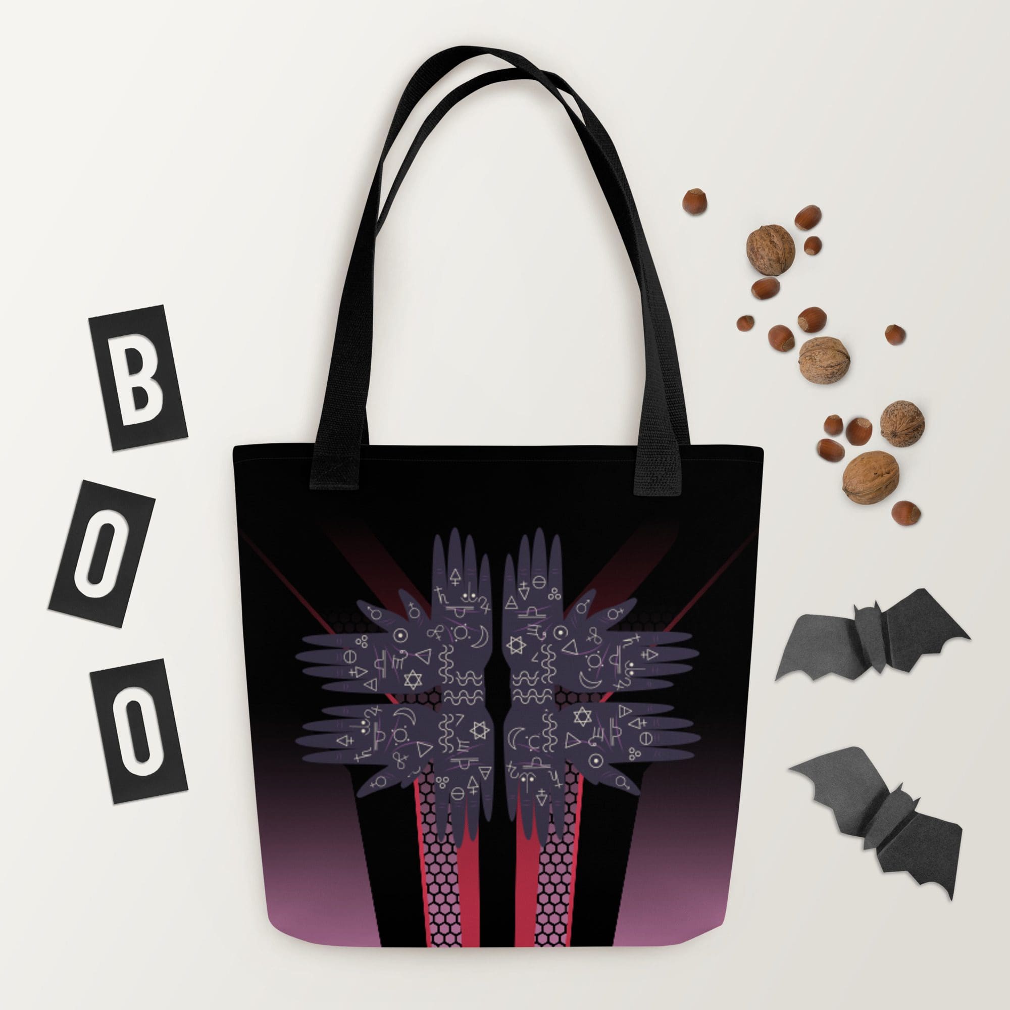 Halloween-themed tote bag with bat decorations.