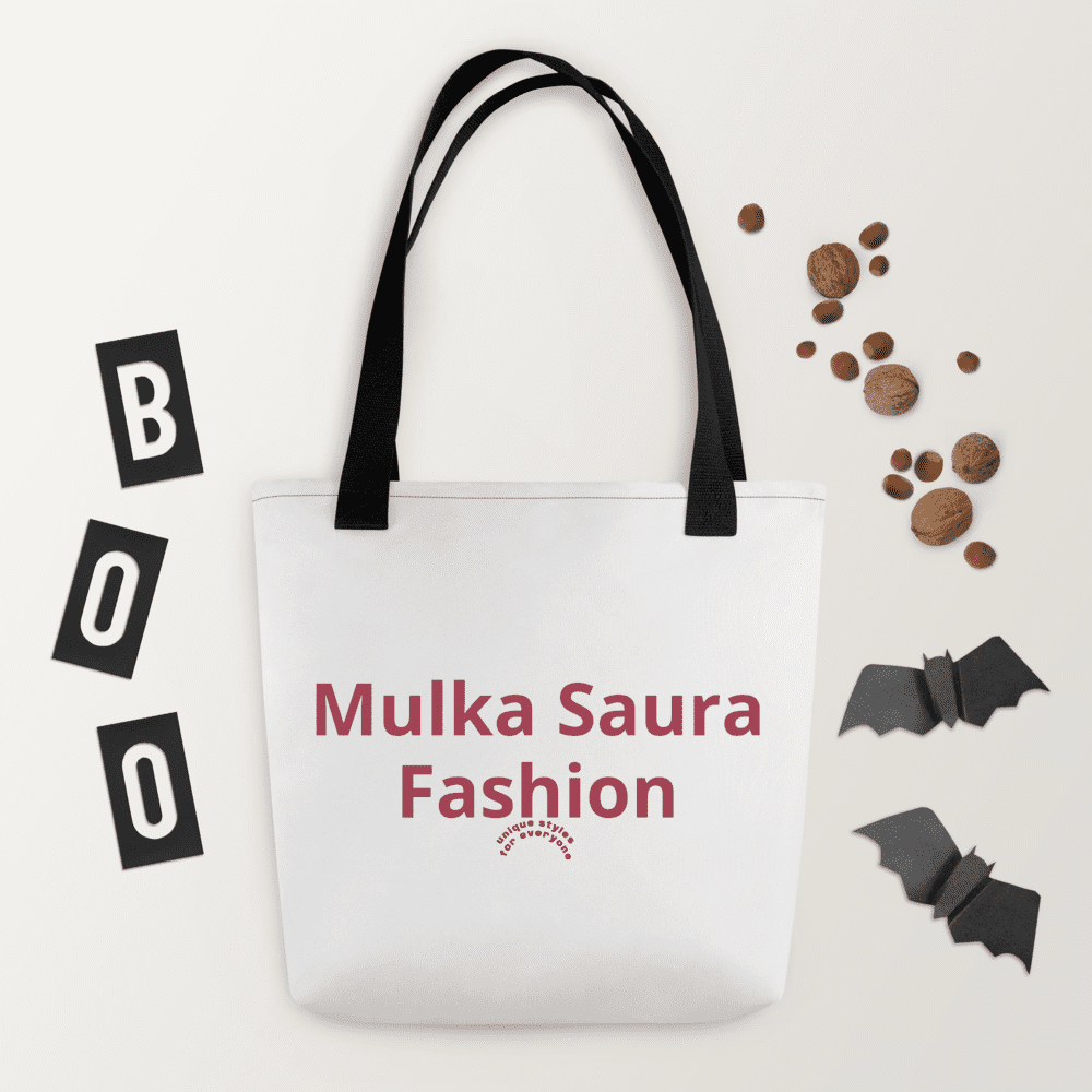 Tote bag with Halloween decorations around.