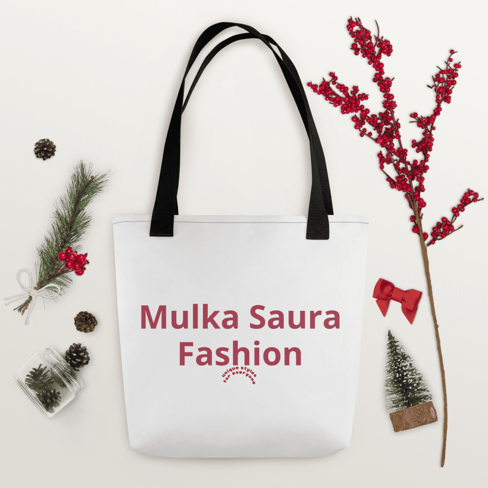 White tote bag with decorative holiday items.