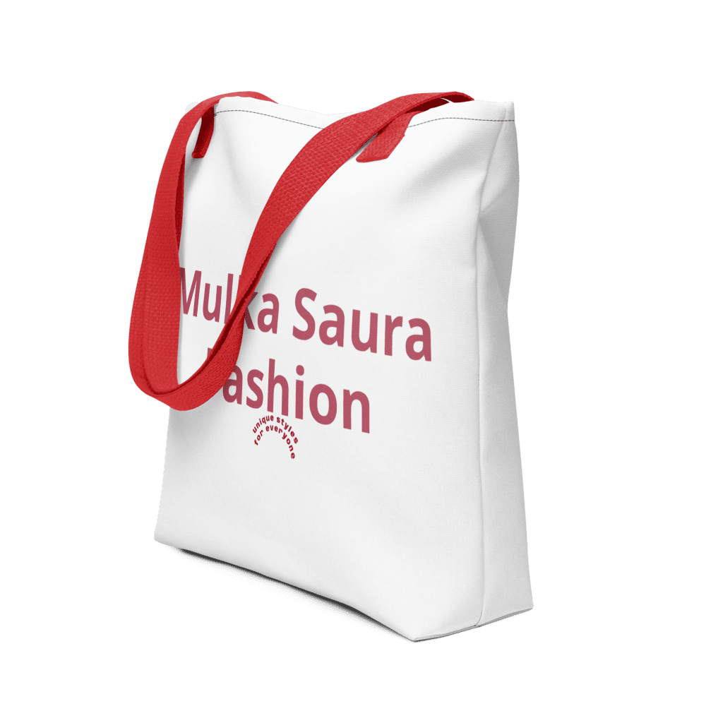 White tote bag with red handles.