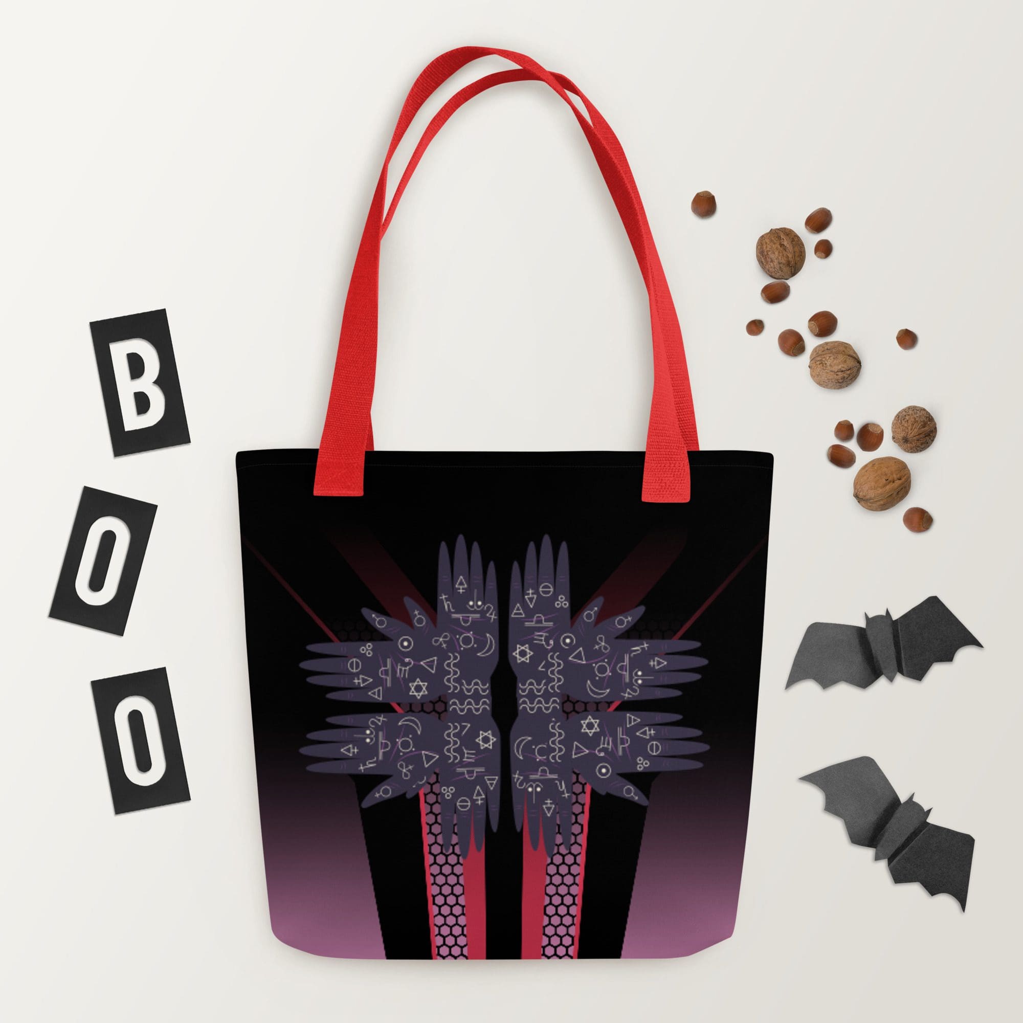 Halloween-themed tote bag with bats.