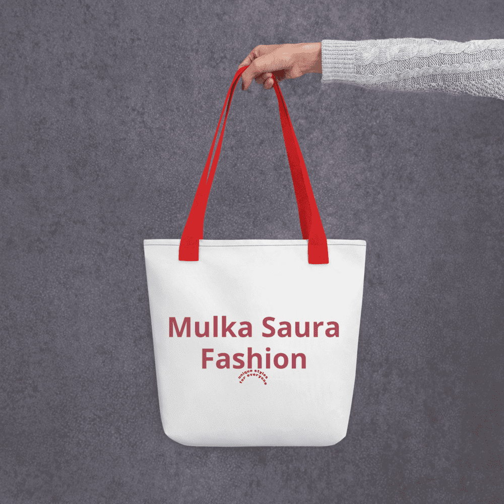 White tote bag with red handles displayed.