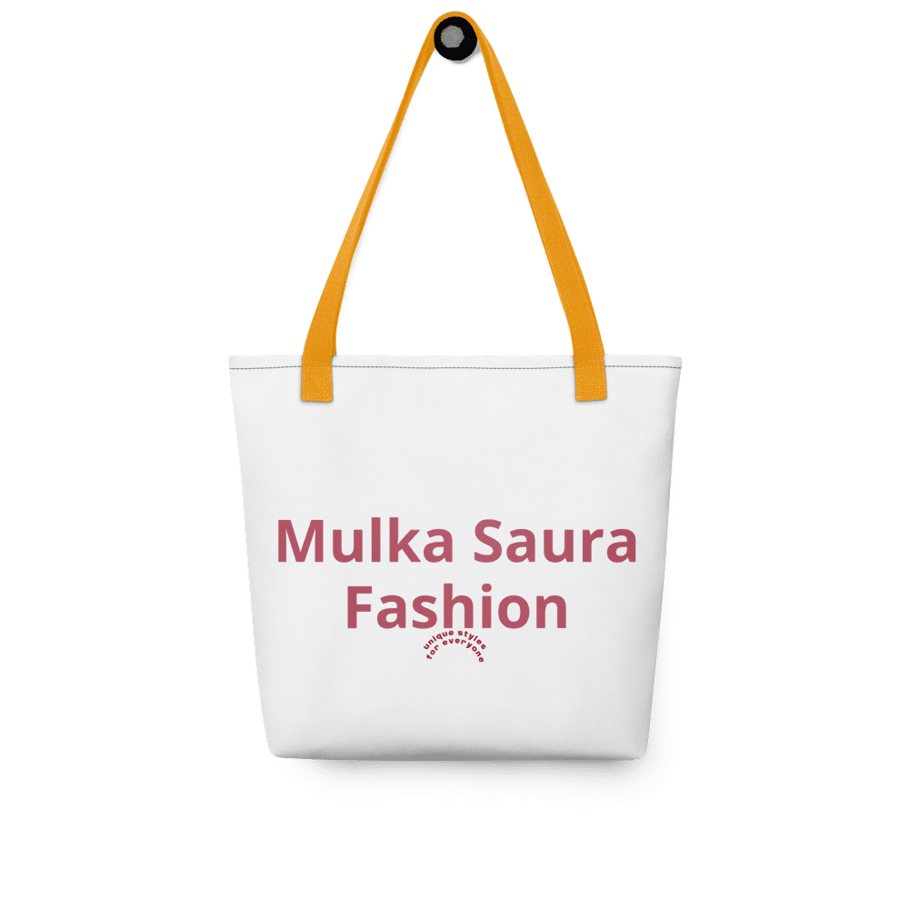White tote bag with orange handles.