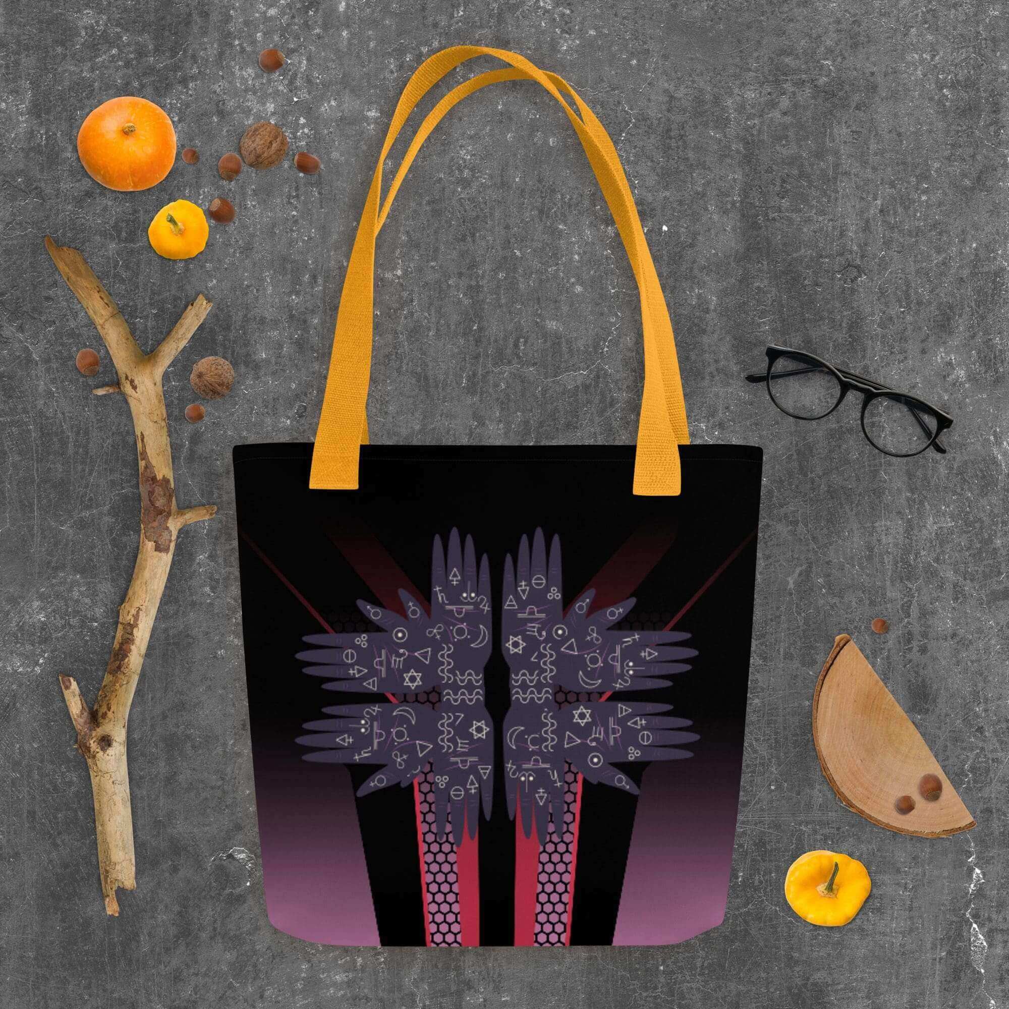Tote bag with geometric design on table.