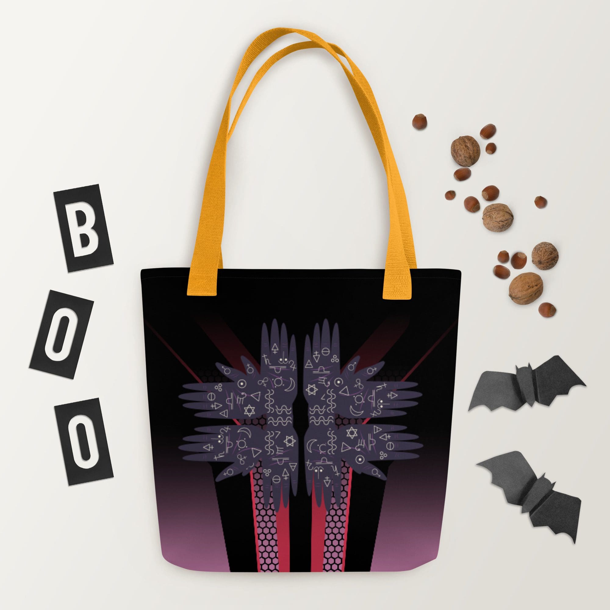 Tote bag with Halloween decorations and nuts.